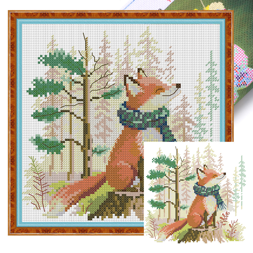 Little Fox In Scarf - 14CT Stamped Cross Stitch 21*21CM(Joy Sunday)