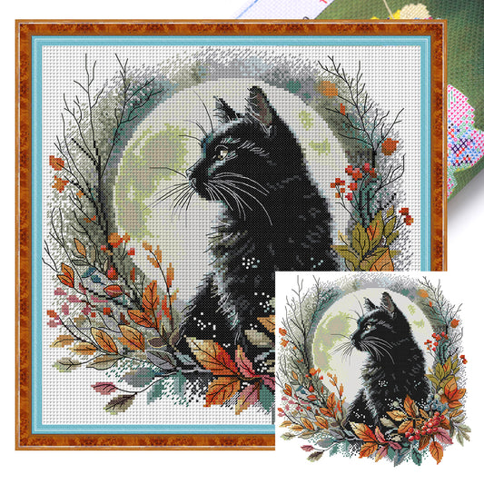 Autumn Night Black Cat - 14CT Stamped Cross Stitch 35*35CM(Joy Sunday)