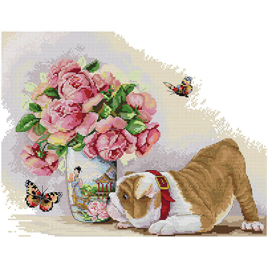 Pug And Butterfly - 14CT Stamped Cross Stitch 45*35CM(Joy Sunday)