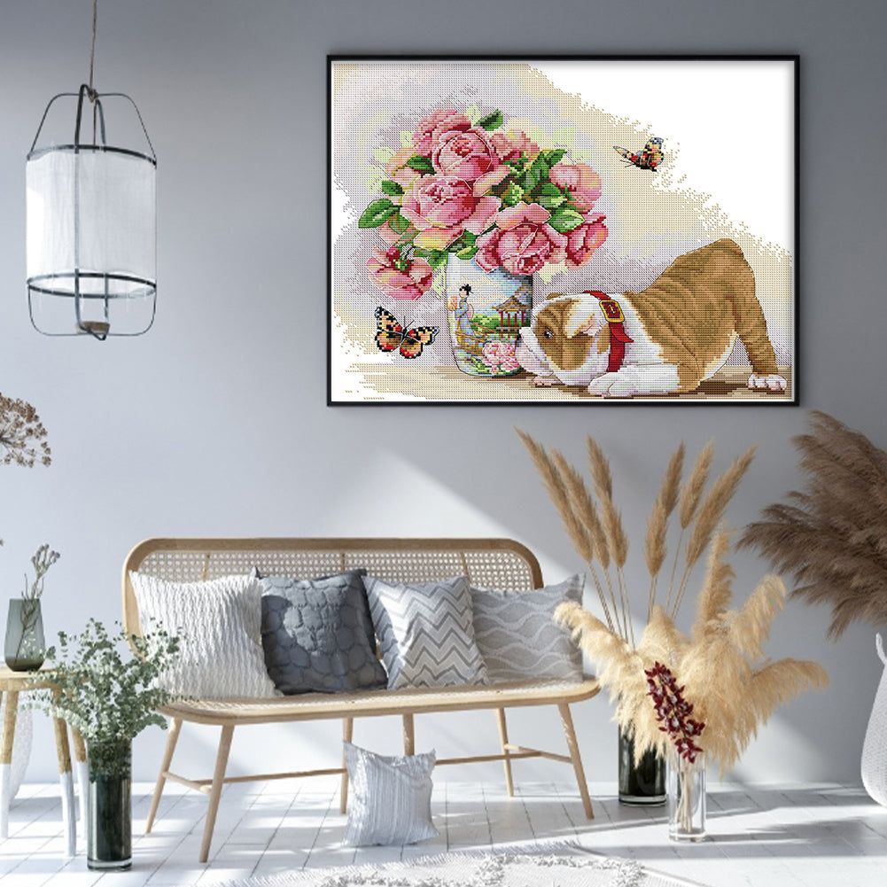 Pug And Butterfly - 14CT Stamped Cross Stitch 45*35CM(Joy Sunday)