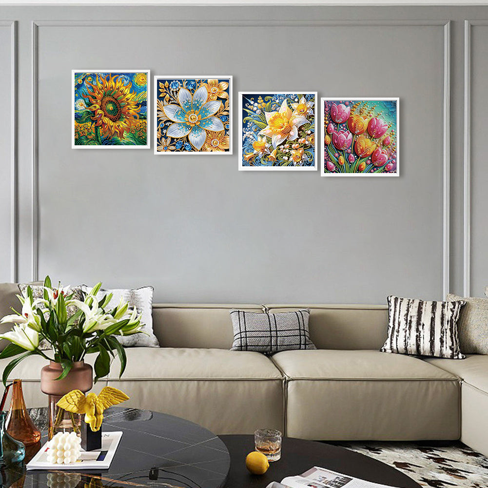 4 Pcs Flowers - Special Shaped Drill Diamond Painting 30*30CM
