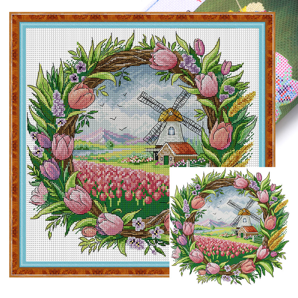 Spring Scene In Wreath - 14CT Stamped Cross Stitch 35*35CM(Joy Sunday)