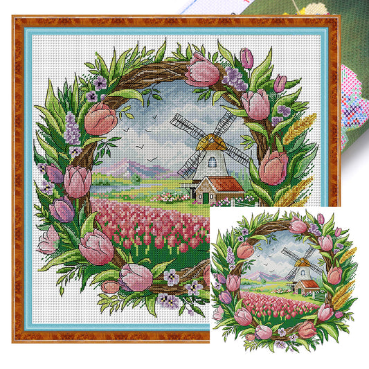 Spring Scene In Wreath - 14CT Stamped Cross Stitch 35*35CM(Joy Sunday)