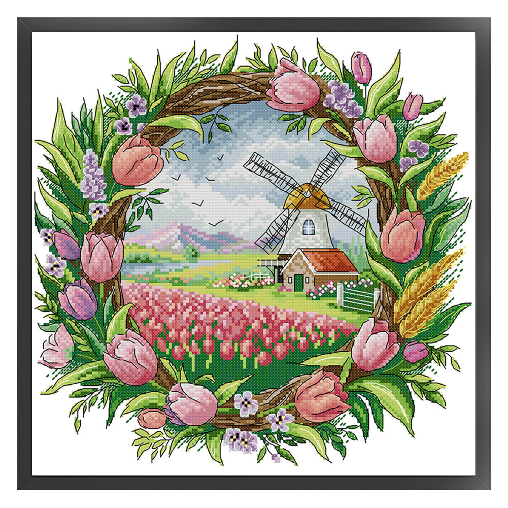 Spring Scene In Wreath - 14CT Stamped Cross Stitch 35*35CM(Joy Sunday)