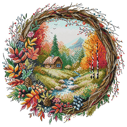 Autumn Scene In Wreath - 14CT Stamped Cross Stitch 36*35CM(Joy Sunday)