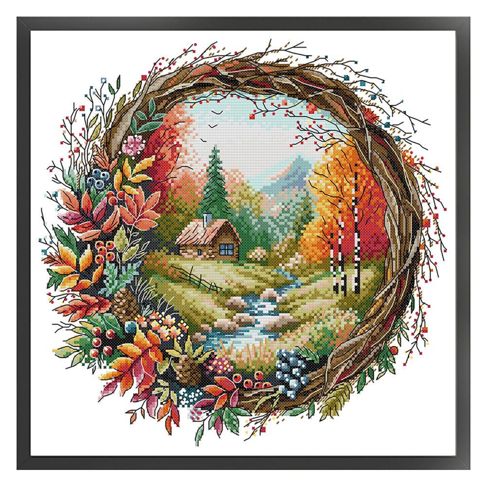 Autumn Scene In Wreath - 14CT Stamped Cross Stitch 36*35CM(Joy Sunday)