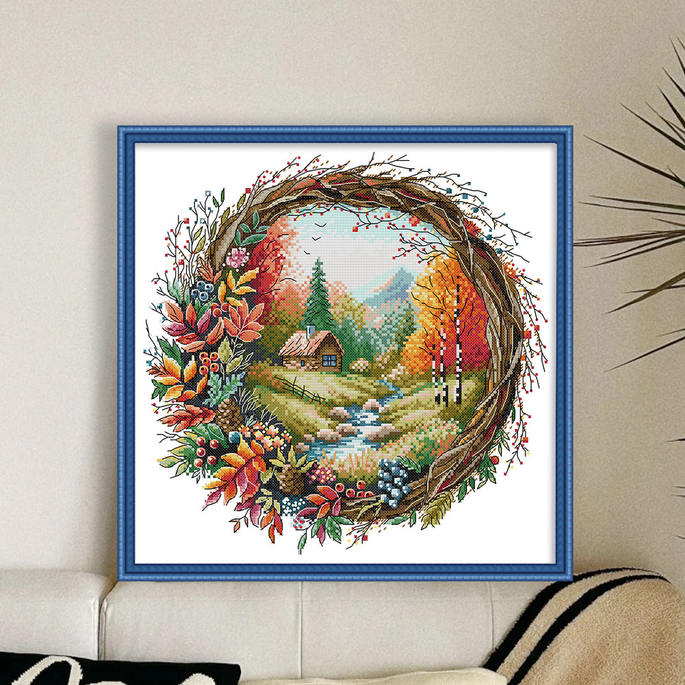 Autumn Scene In Wreath - 14CT Stamped Cross Stitch 36*35CM(Joy Sunday)