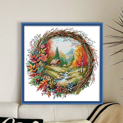 Autumn Scene In Wreath - 14CT Stamped Cross Stitch 36*35CM(Joy Sunday)