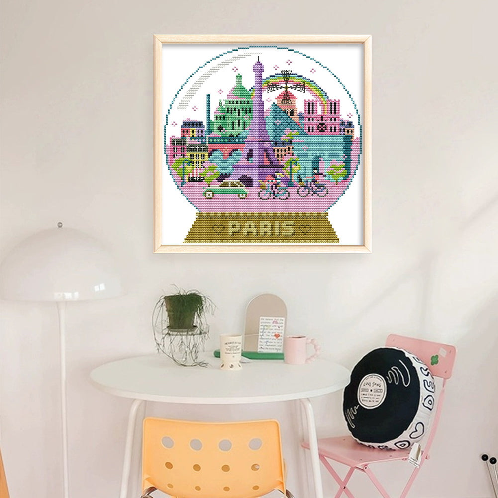 Paris Scenery In The Crystal Ball - 14CT Stamped Cross Stitch 27*28CM(Joy Sunday)