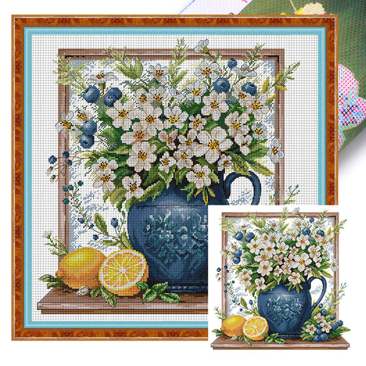 Little White Flower In A Bottle - 14CT Stamped Cross Stitch 45*45CM(Joy Sunday)