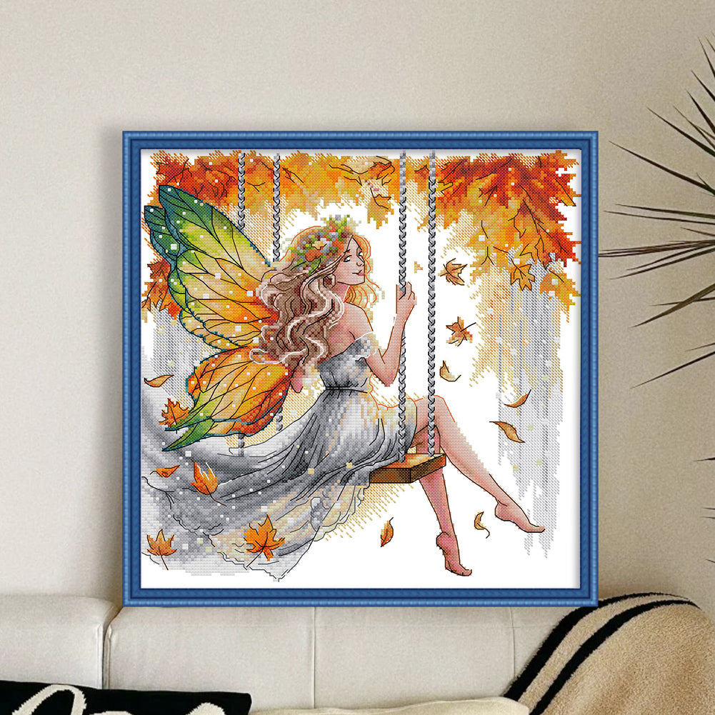 Butterfly Fairy Swinging On A Swing - 14CT Stamped Cross Stitch 34*34CM(Joy Sunday)