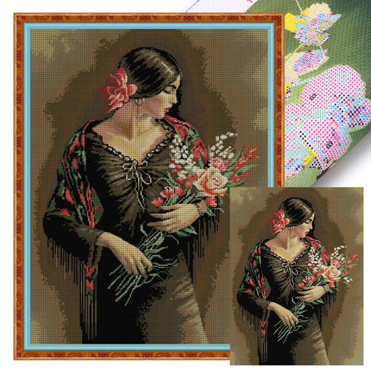 Beautiful Girl Smelling Flowers 2 - 14CT Stamped Cross Stitch 44*61CM(Joy Sunday)