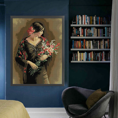 Beautiful Girl Smelling Flowers 2 - 14CT Stamped Cross Stitch 44*61CM(Joy Sunday)