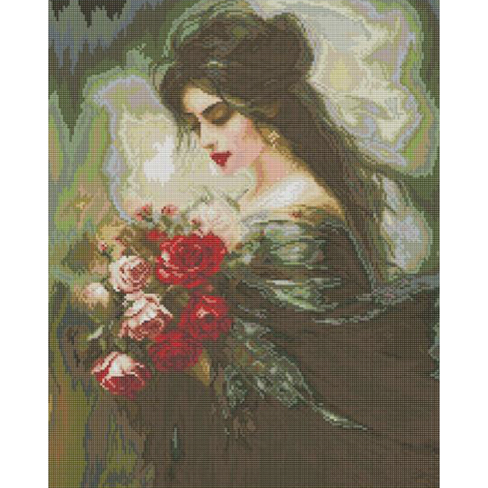 Beautiful Girl Smelling Flowers 3 - 14CT Stamped Cross Stitch 41*48CM(Joy Sunday)