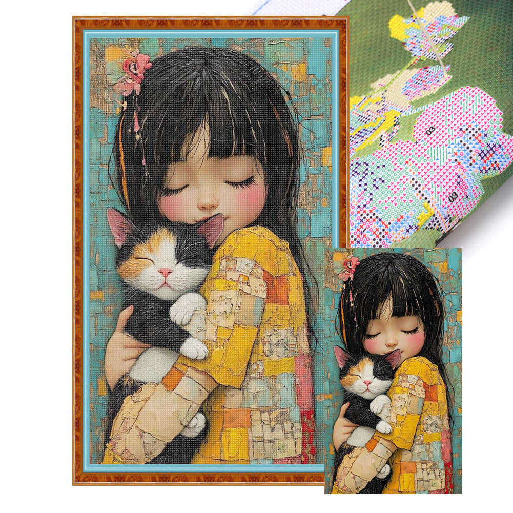 Girl And Cat - 11CT Stamped Cross Stitch 40*70CM