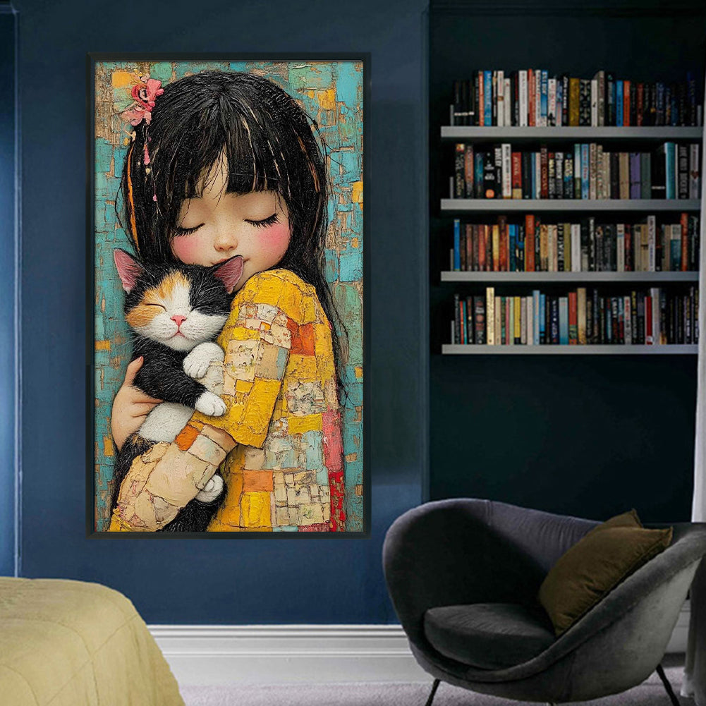Girl And Cat - 11CT Stamped Cross Stitch 40*70CM