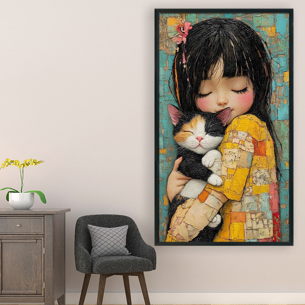 Girl And Cat - 11CT Stamped Cross Stitch 40*70CM