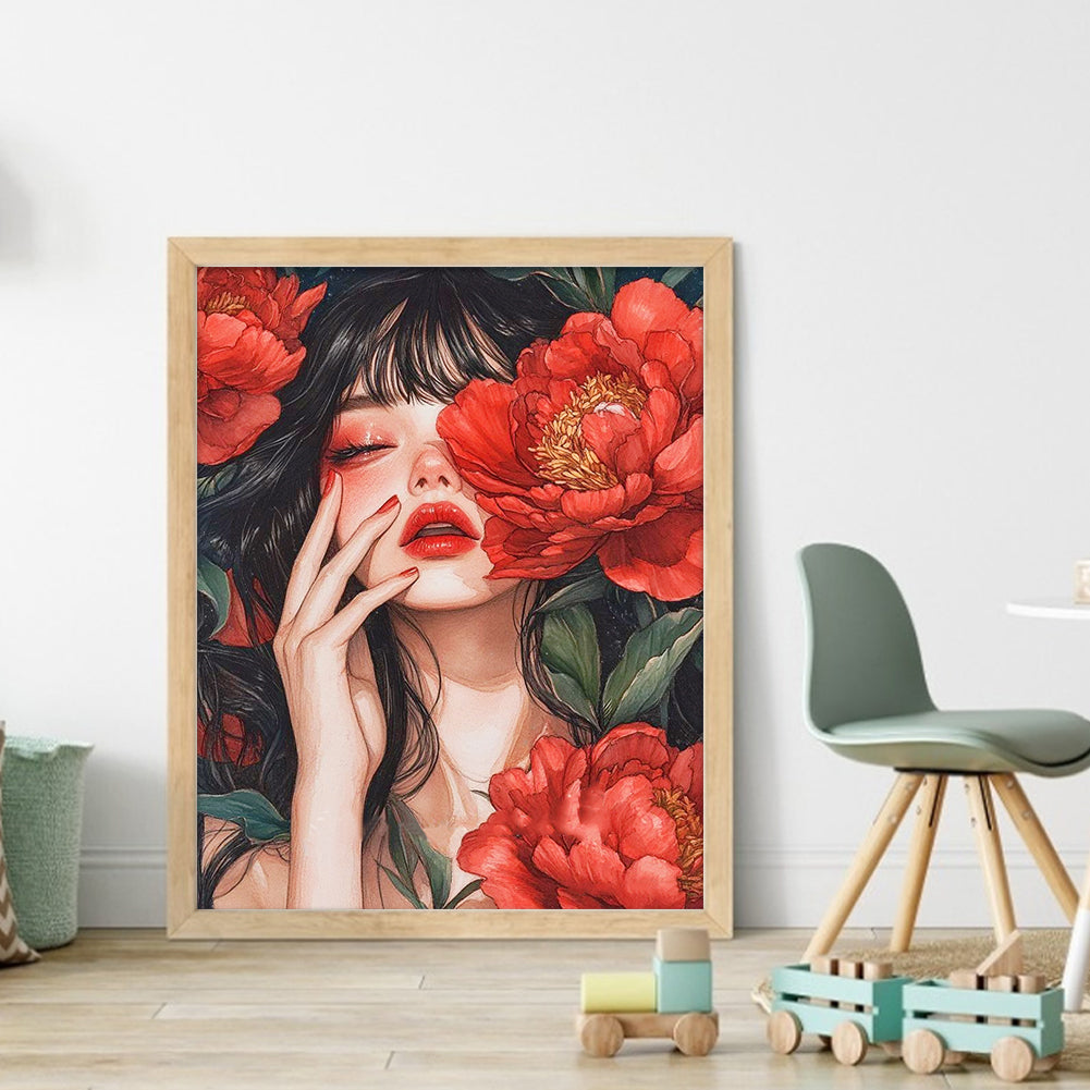 Peony Girl - 11CT Stamped Cross Stitch 45*55CM