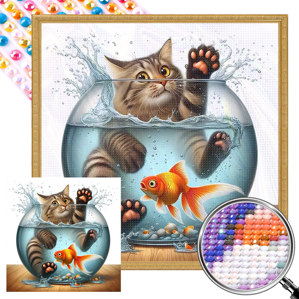 Cat In Goldfish - Full AB Round Drill Diamond Painting 40*40CM