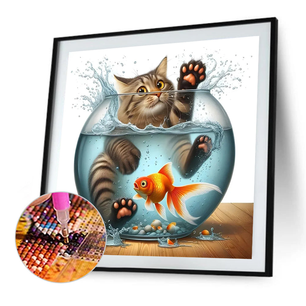 Cat In Goldfish - Full AB Round Drill Diamond Painting 40*40CM