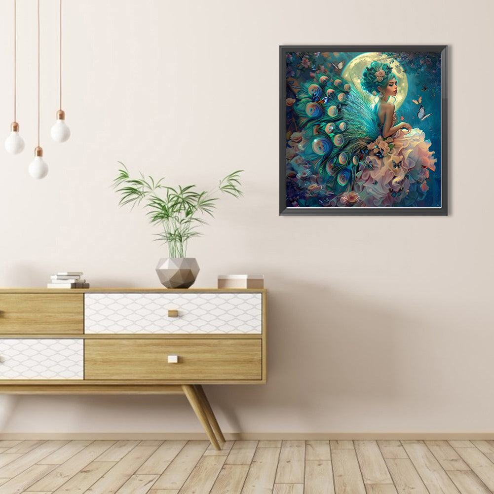 Peacock Girl - Full AB Round Drill Diamond Painting 40*40CM