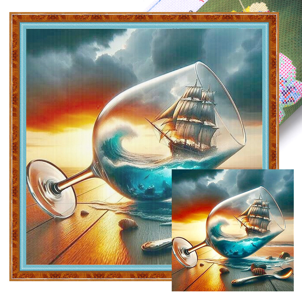 Wine Glass Sailboats - 11CT Stamped Cross Stitch 40*40CM