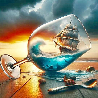 Wine Glass Sailboats - 11CT Stamped Cross Stitch 40*40CM