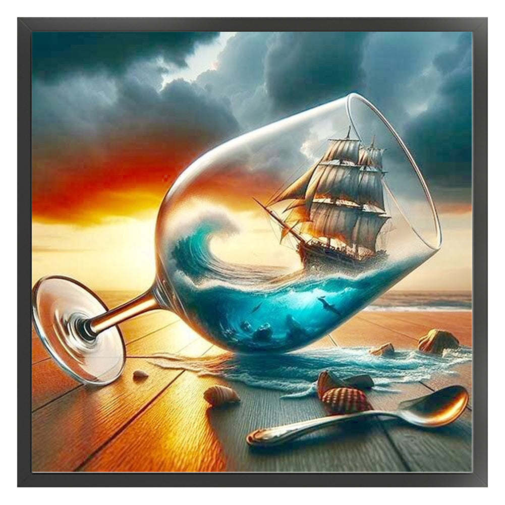 Wine Glass Sailboats - 11CT Stamped Cross Stitch 40*40CM