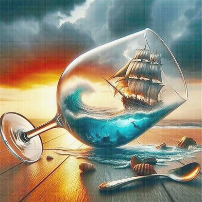 Wine Glass Sailboats - 11CT Stamped Cross Stitch 40*40CM