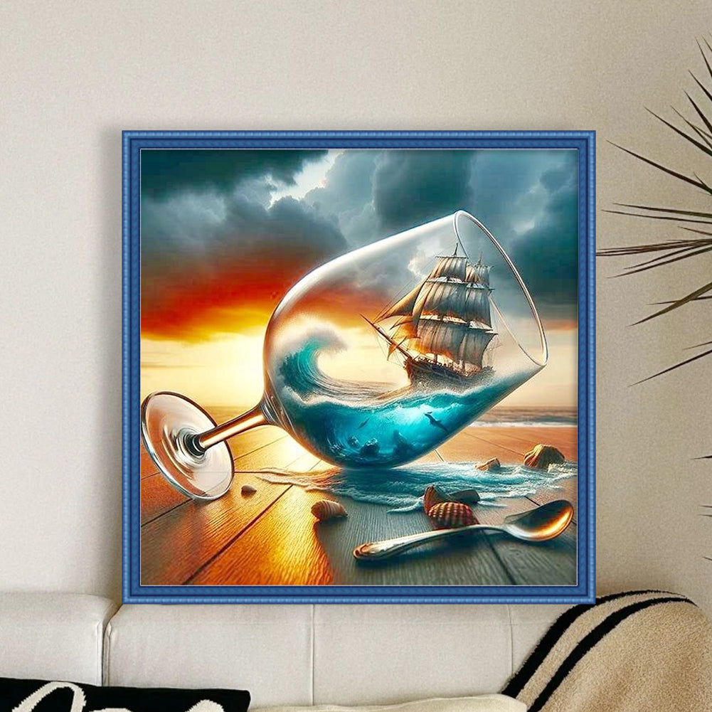 Wine Glass Sailboats - 11CT Stamped Cross Stitch 40*40CM