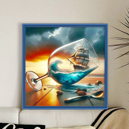 Wine Glass Sailboats - 11CT Stamped Cross Stitch 40*40CM