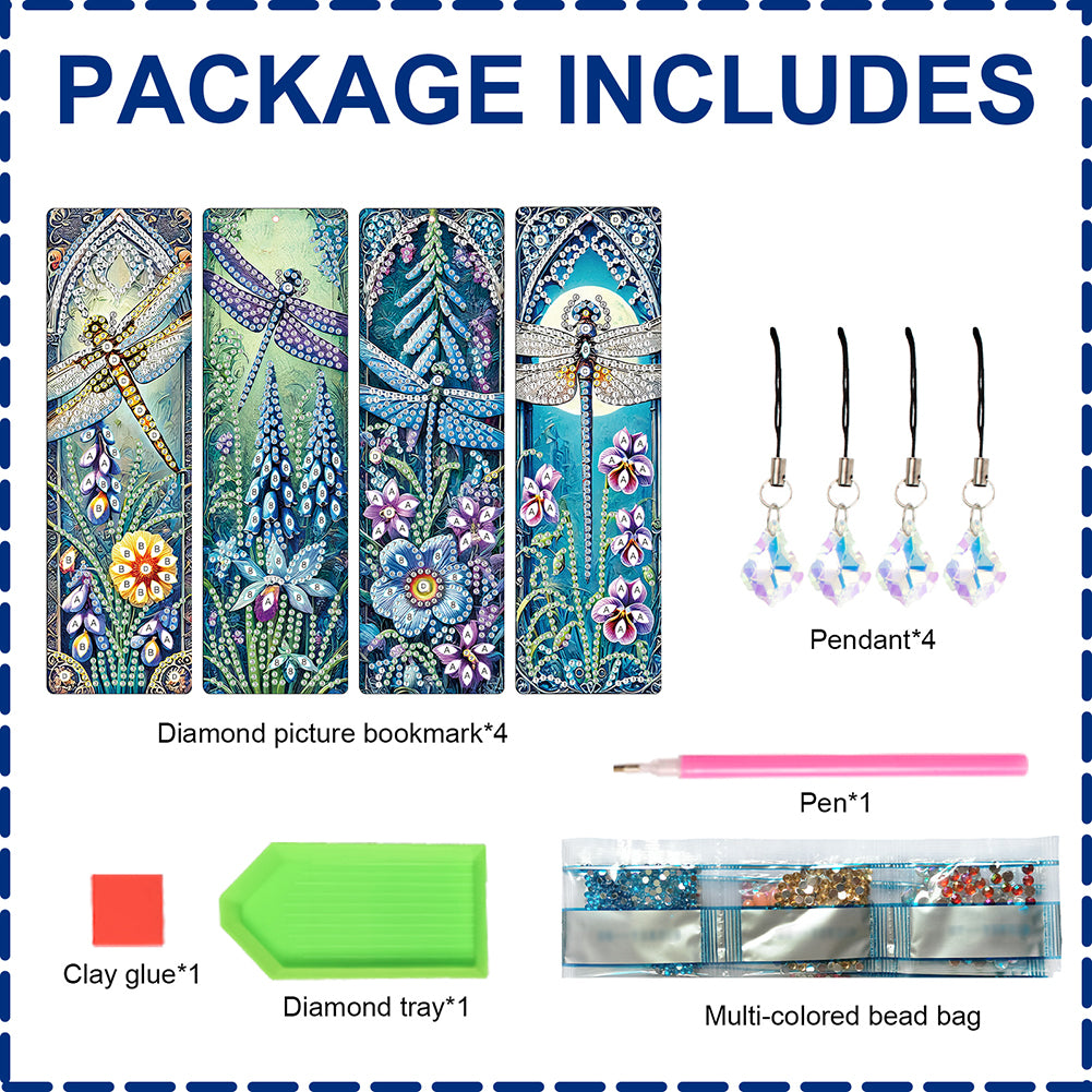 4Pcs Special Shape Dragonfly DIY Bookmarks Diamond Painting Kits for Book Lovers