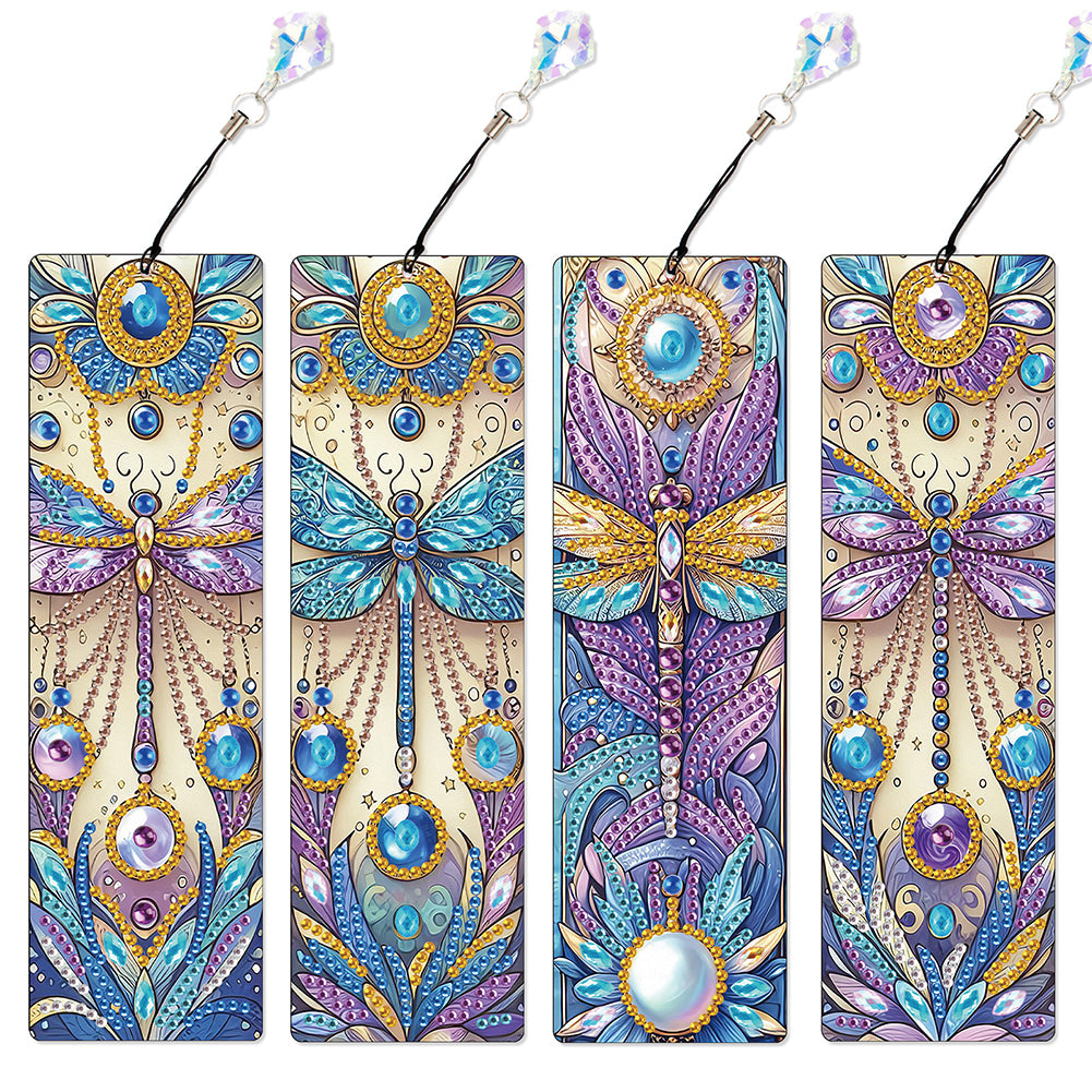 4Pcs Special Shape Dragonfly DIY Bookmarks Diamond Painting Kits for Book Lovers