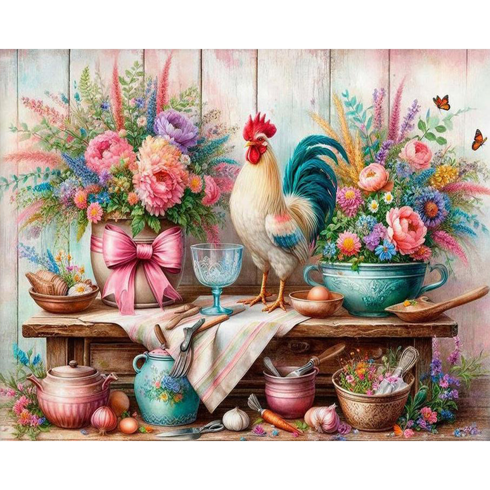 Retro Rooster Kitchen - Full Round Drill Diamond Painting 50*40CM