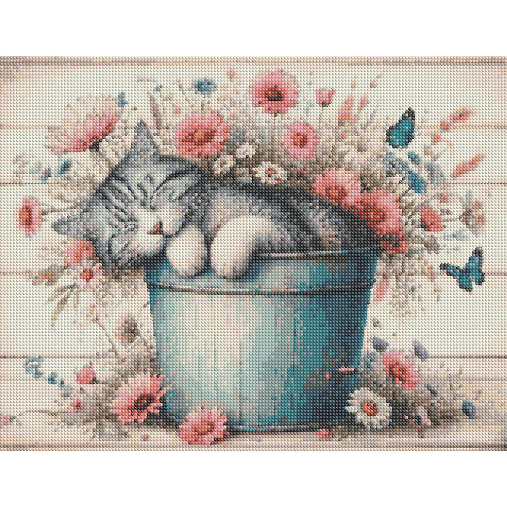 Retro Iron Bucket Cat - Full Round Drill Diamond Painting 50*40CM