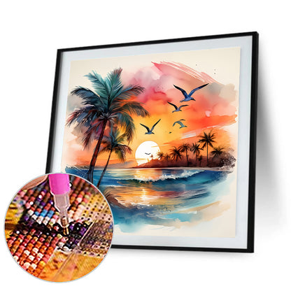 Coconut Tree Beach - Full Round Drill Diamond Painting 30*30CM