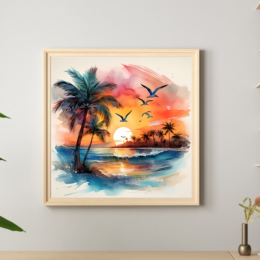 Coconut Tree Beach - Full Round Drill Diamond Painting 30*30CM