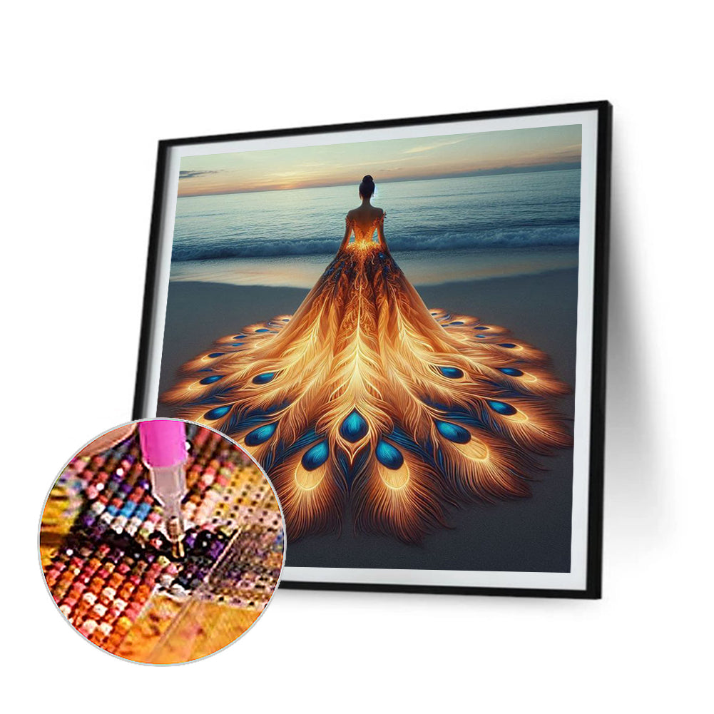 Feather Skirt Back Girl - Full Round Drill Diamond Painting 40*40CM