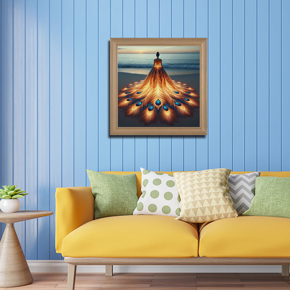 Feather Skirt Back Girl - Full Round Drill Diamond Painting 40*40CM