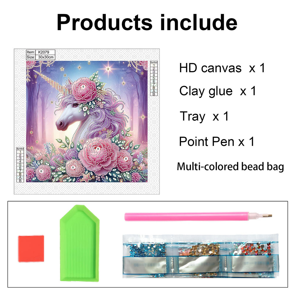 Unicorn With Flowers - Special Shaped Drill Diamond Painting 30*30CM