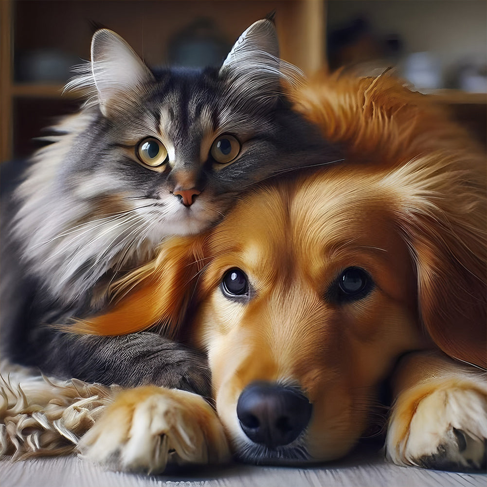 Cat And Puppy - Full Round Drill Diamond Painting 37x37cm