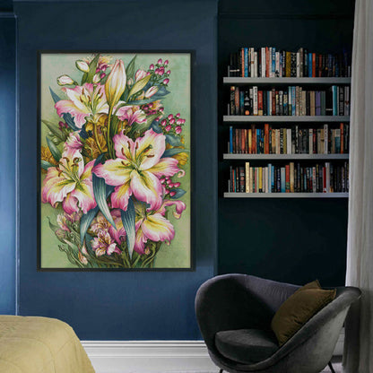 Oil Painting Of Pink Lilies - 14CT Stamped Cross Stitch 55*79CM(Xiaobai Brand)
