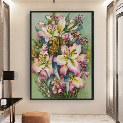 Oil Painting Of Pink Lilies - 14CT Stamped Cross Stitch 55*79CM(Xiaobai Brand)