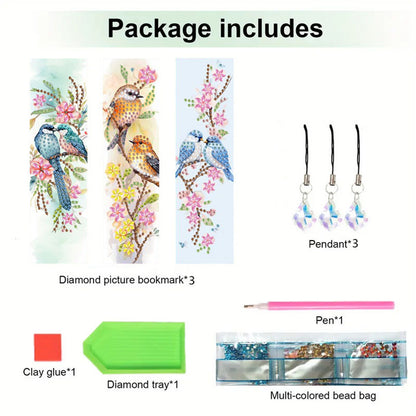 3Pcs Animal Themed DIY Diamond Painting Art Bookmarks Irregular Shaped Diamonds