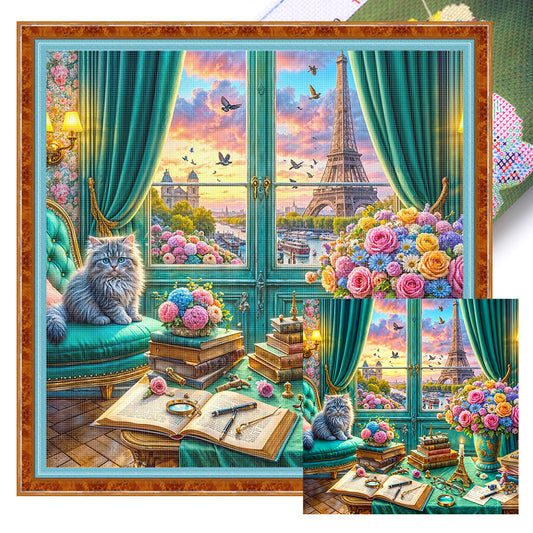 Cat On The Windowsill - 11CT Stamped Cross Stitch 50*50CM