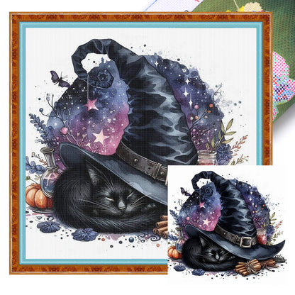 Halloween Wizard Hat Black Cat - 11CT Stamped Cross Stitch 40*40CM