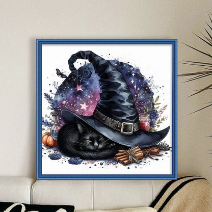 Halloween Wizard Hat Black Cat - 11CT Stamped Cross Stitch 40*40CM