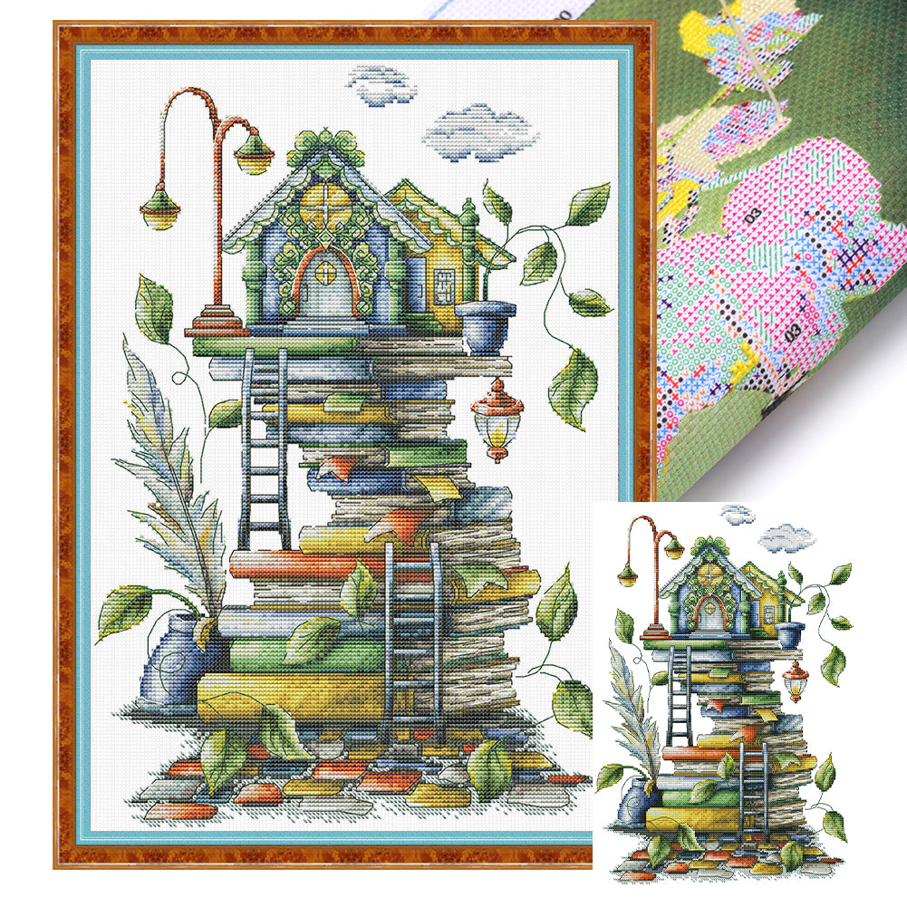 Little House On The Pile Of Books - 14CT Stamped Cross Stitch 31*43CM(Joy Sunday)
