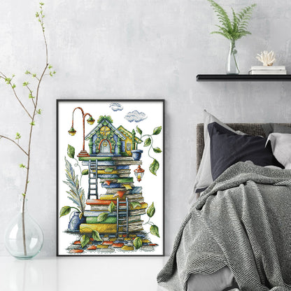Little House On The Pile Of Books - 14CT Stamped Cross Stitch 31*43CM(Joy Sunday)