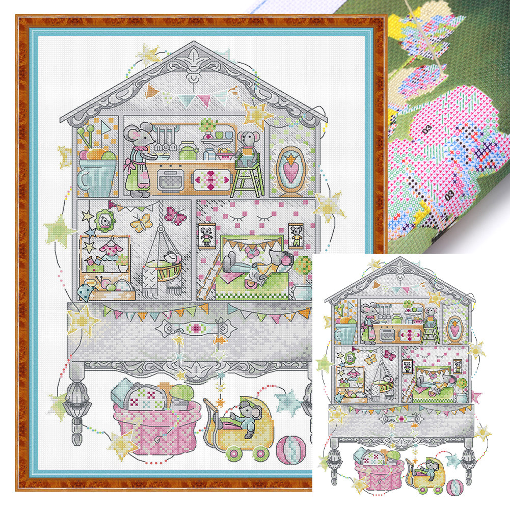 Little Mouse Family - 14CT Stamped Cross Stitch 32*42CM(Joy Sunday)